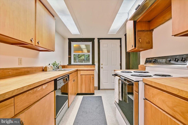 kitchen with dishwasher, light brown cabinets, wooden counters, sink, and electric range