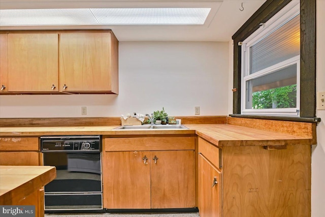 kitchen with wooden counters, black dishwasher, and sink