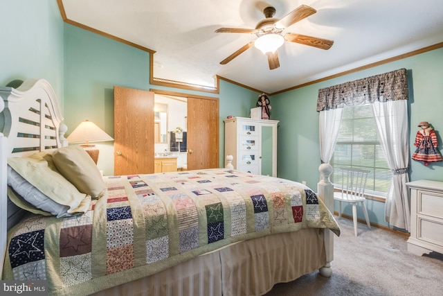 bedroom featuring ceiling fan, carpet, and crown molding