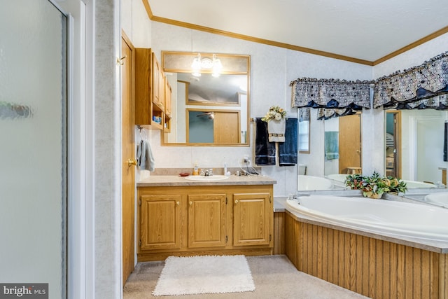 bathroom featuring crown molding, a tub, vanity, and lofted ceiling