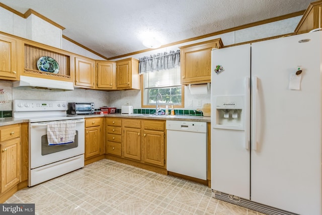 kitchen with ornamental molding, a textured ceiling, light tile patterned floors, white appliances, and vaulted ceiling