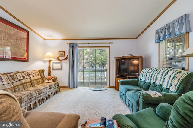 carpeted living room featuring lofted ceiling and ornamental molding