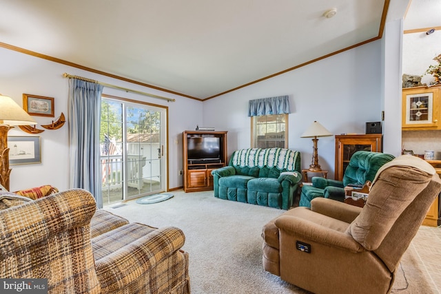 carpeted living room with crown molding