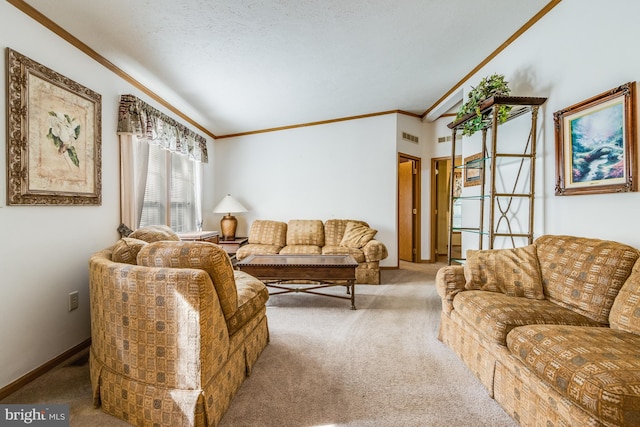 carpeted living room featuring a textured ceiling and ornamental molding