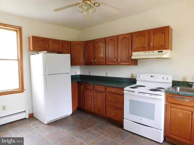 kitchen with white appliances, dark countertops, brown cabinets, and under cabinet range hood