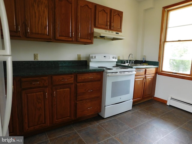 kitchen with white electric stove, dark countertops, a sink, and under cabinet range hood