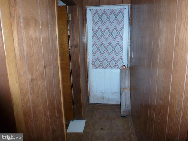 hall featuring wooden walls and dark parquet floors