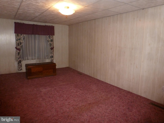 empty room featuring wooden walls and carpet