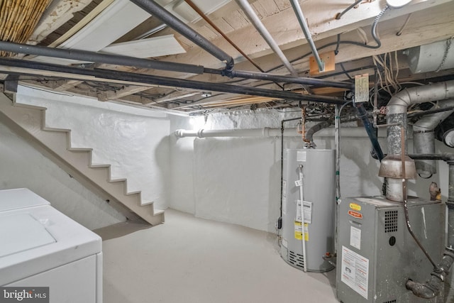 basement with water heater, separate washer and dryer, and heating unit