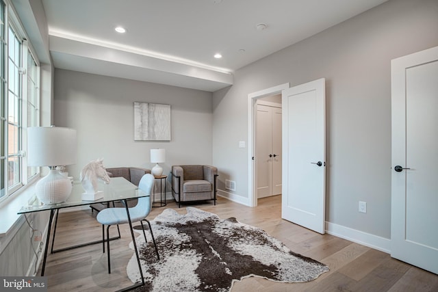 home office with baseboards, recessed lighting, and light wood-style floors