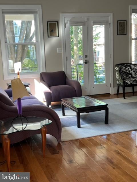 living room with french doors and hardwood / wood-style flooring