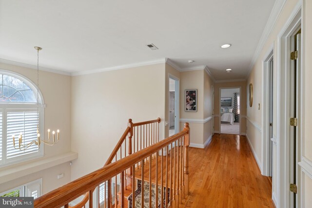 hall featuring hardwood / wood-style flooring and crown molding