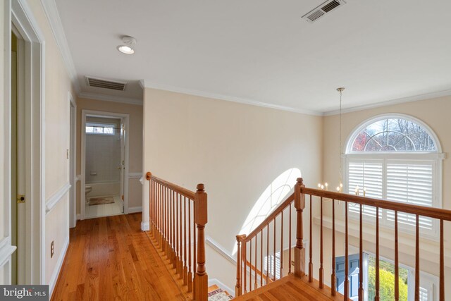 hall featuring crown molding and light hardwood / wood-style flooring