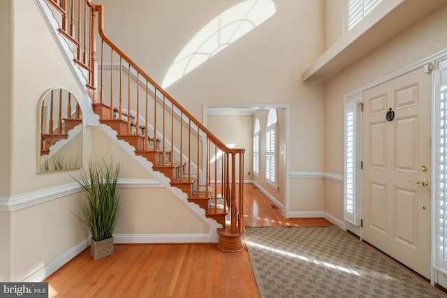 entryway featuring wood-type flooring and a high ceiling