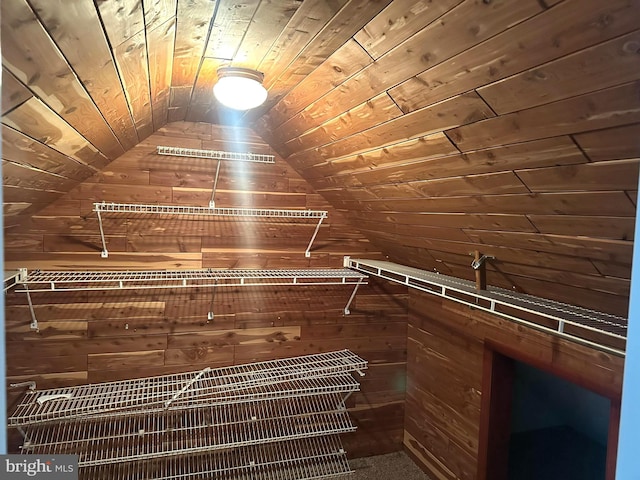 walk in closet featuring lofted ceiling