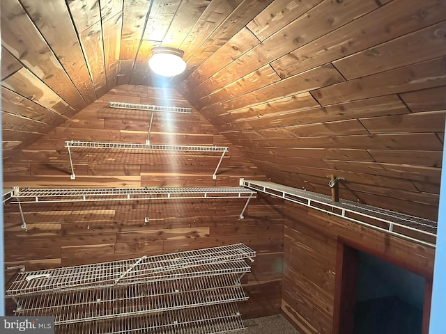 walk in closet featuring vaulted ceiling