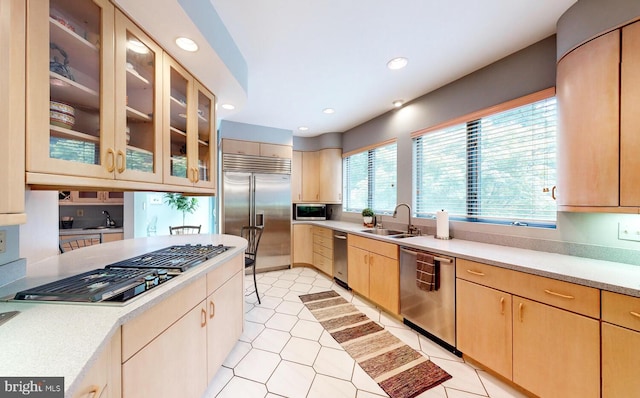 kitchen with appliances with stainless steel finishes, sink, and light brown cabinets