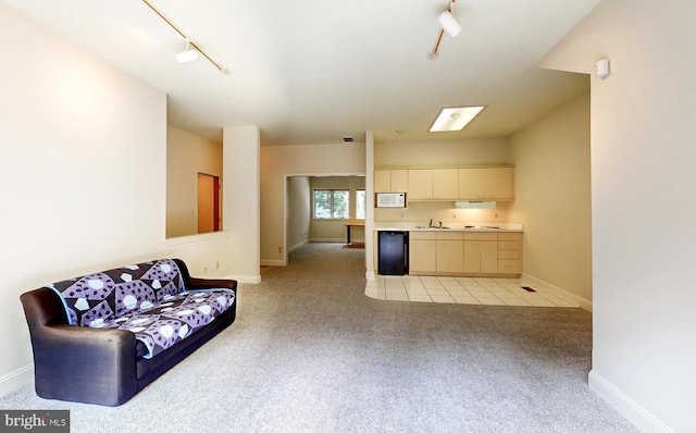 living room featuring rail lighting, sink, and light carpet