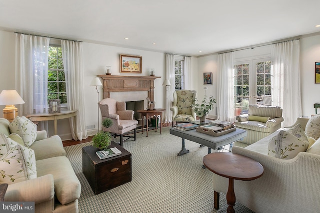 living room with hardwood / wood-style floors and french doors