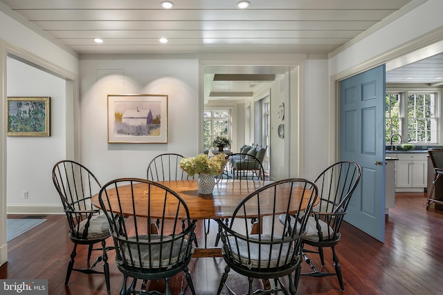 dining space featuring dark hardwood / wood-style floors and sink