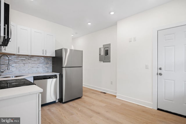 kitchen featuring light hardwood / wood-style flooring, electric panel, stainless steel appliances, and sink