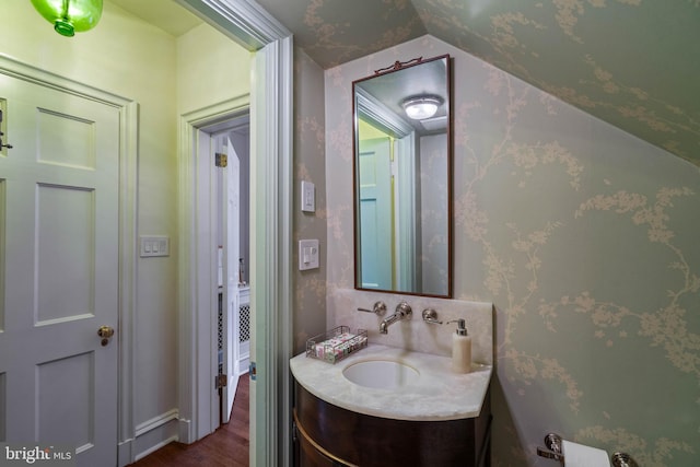 bathroom with wood finished floors and vanity