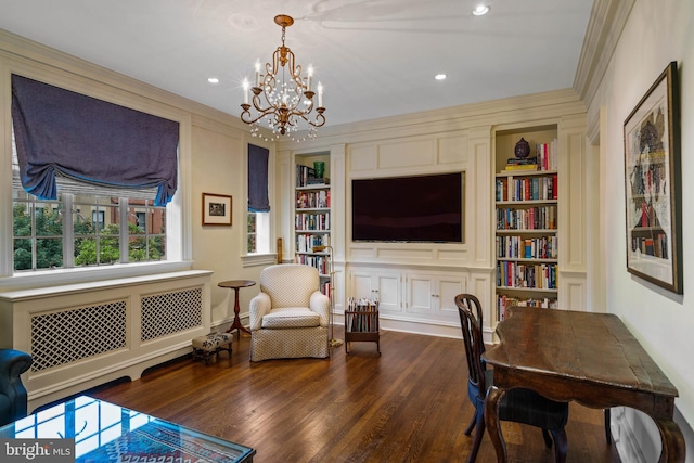 office featuring crown molding, dark wood-style flooring, built in features, and radiator