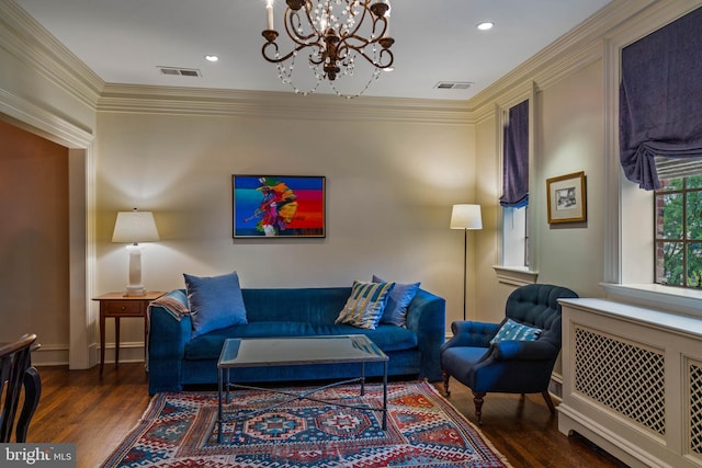 living area featuring radiator heating unit, visible vents, dark wood-style flooring, and crown molding