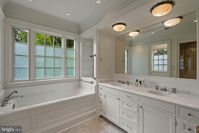 full bath featuring crown molding, a sink, a bath, and double vanity