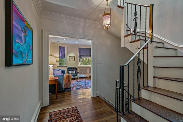 staircase featuring crown molding, baseboards, and wood finished floors