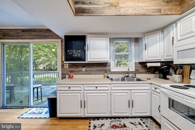 kitchen featuring white appliances, light hardwood / wood-style flooring, a healthy amount of sunlight, and sink