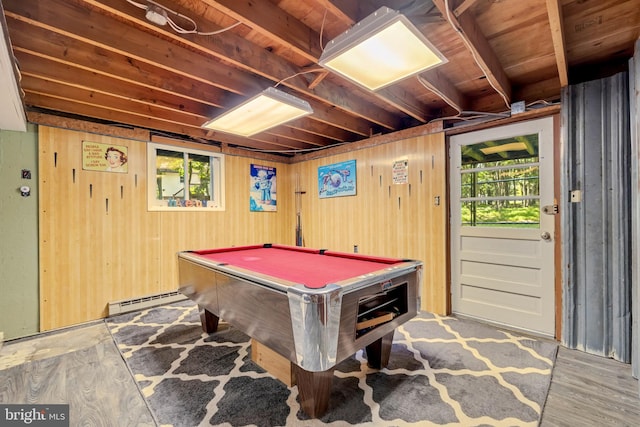 rec room featuring wood walls, pool table, and a healthy amount of sunlight