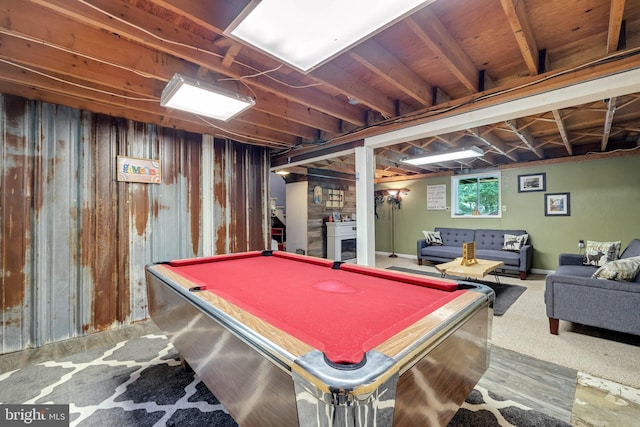 playroom featuring billiards and wooden walls