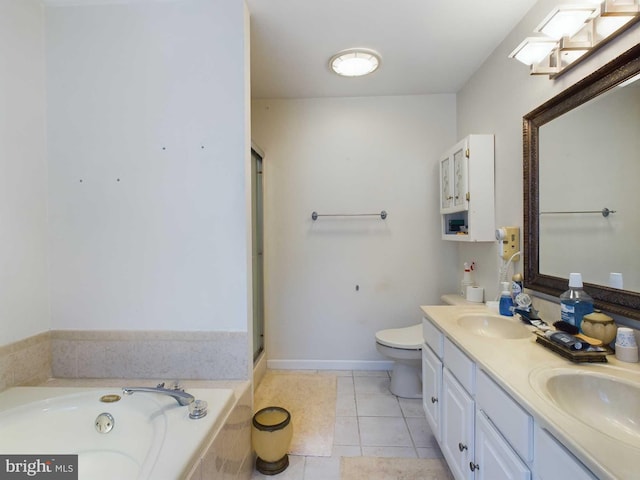 full bathroom with tile patterned flooring, separate shower and tub, vanity, and toilet