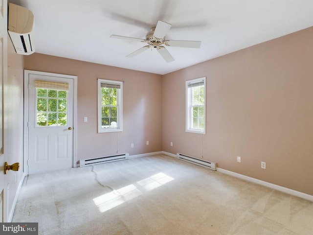 carpeted empty room featuring an AC wall unit, ceiling fan, and a baseboard heating unit