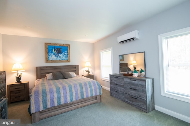 bedroom featuring multiple windows, carpet flooring, and an AC wall unit