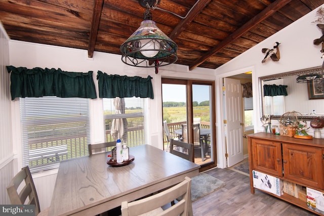 dining area featuring hardwood / wood-style flooring, wooden ceiling, and lofted ceiling with beams