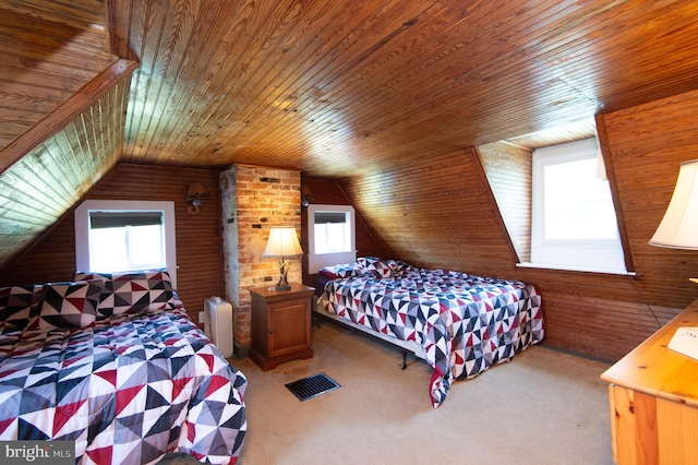 bedroom featuring wood ceiling, vaulted ceiling, and multiple windows