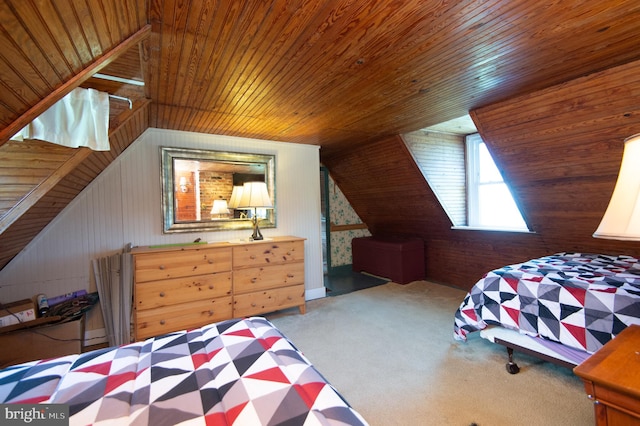 bedroom featuring wood ceiling, vaulted ceiling, and wood walls