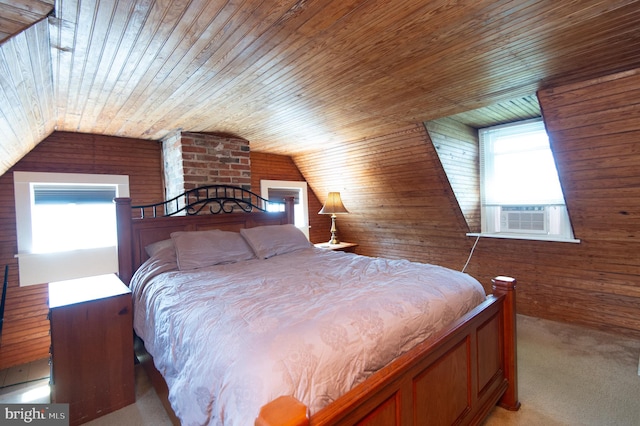 carpeted bedroom with wooden ceiling, lofted ceiling, wood walls, and cooling unit