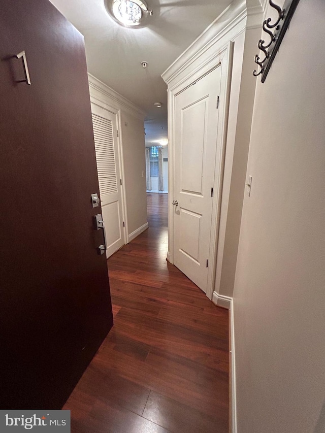 hall with dark hardwood / wood-style flooring and crown molding