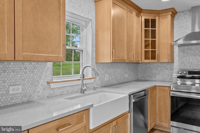 kitchen with glass insert cabinets, appliances with stainless steel finishes, light countertops, wall chimney range hood, and a sink