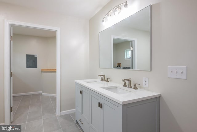 bathroom with tile patterned flooring, vanity, and electric panel