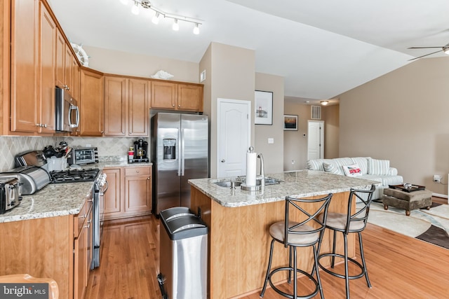 kitchen featuring appliances with stainless steel finishes, light wood-type flooring, an island with sink, ceiling fan, and sink