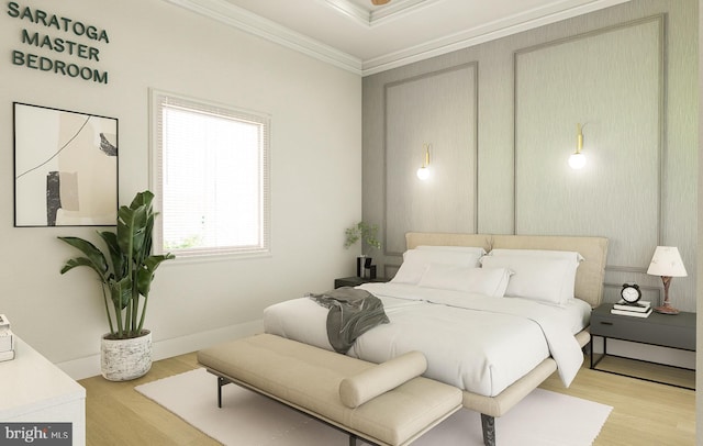 bedroom featuring crown molding and light hardwood / wood-style flooring