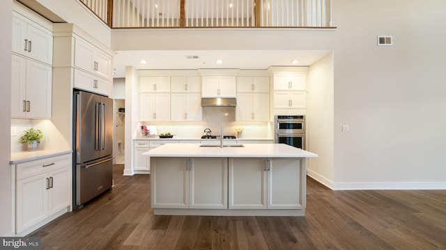 kitchen with stainless steel appliances, light countertops, a center island with sink, and under cabinet range hood