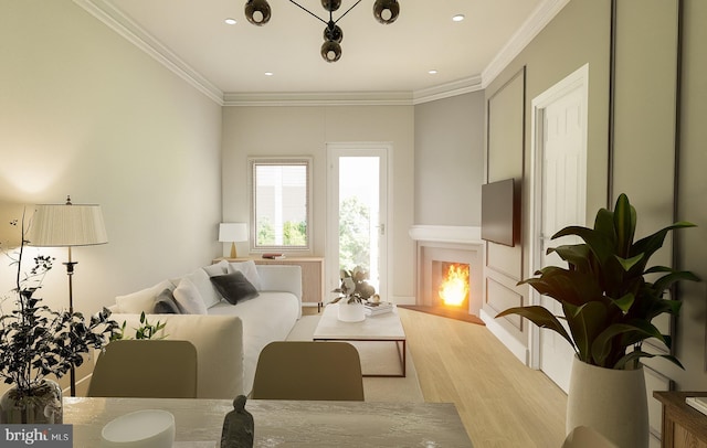 living area featuring ornamental molding and light hardwood / wood-style floors