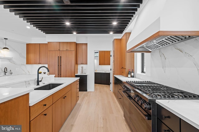 kitchen featuring stainless steel stove, custom exhaust hood, light hardwood / wood-style floors, backsplash, and sink