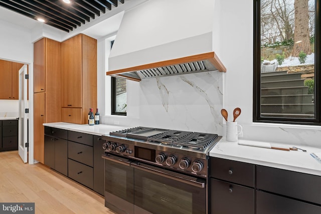 kitchen with decorative backsplash, light hardwood / wood-style flooring, double oven range, and custom range hood