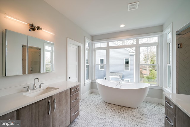 bathroom featuring visible vents, vanity, a freestanding bath, baseboards, and a shower stall